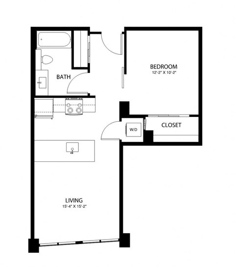 A floor plan of a small apartment with a living room, bedroom, bathroom and closet.